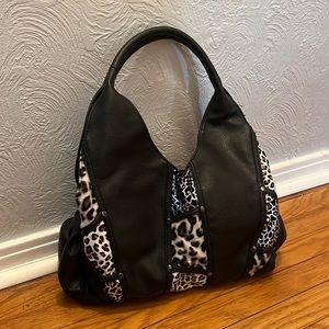 Black Faux Leather Purse With Animal Print Details
